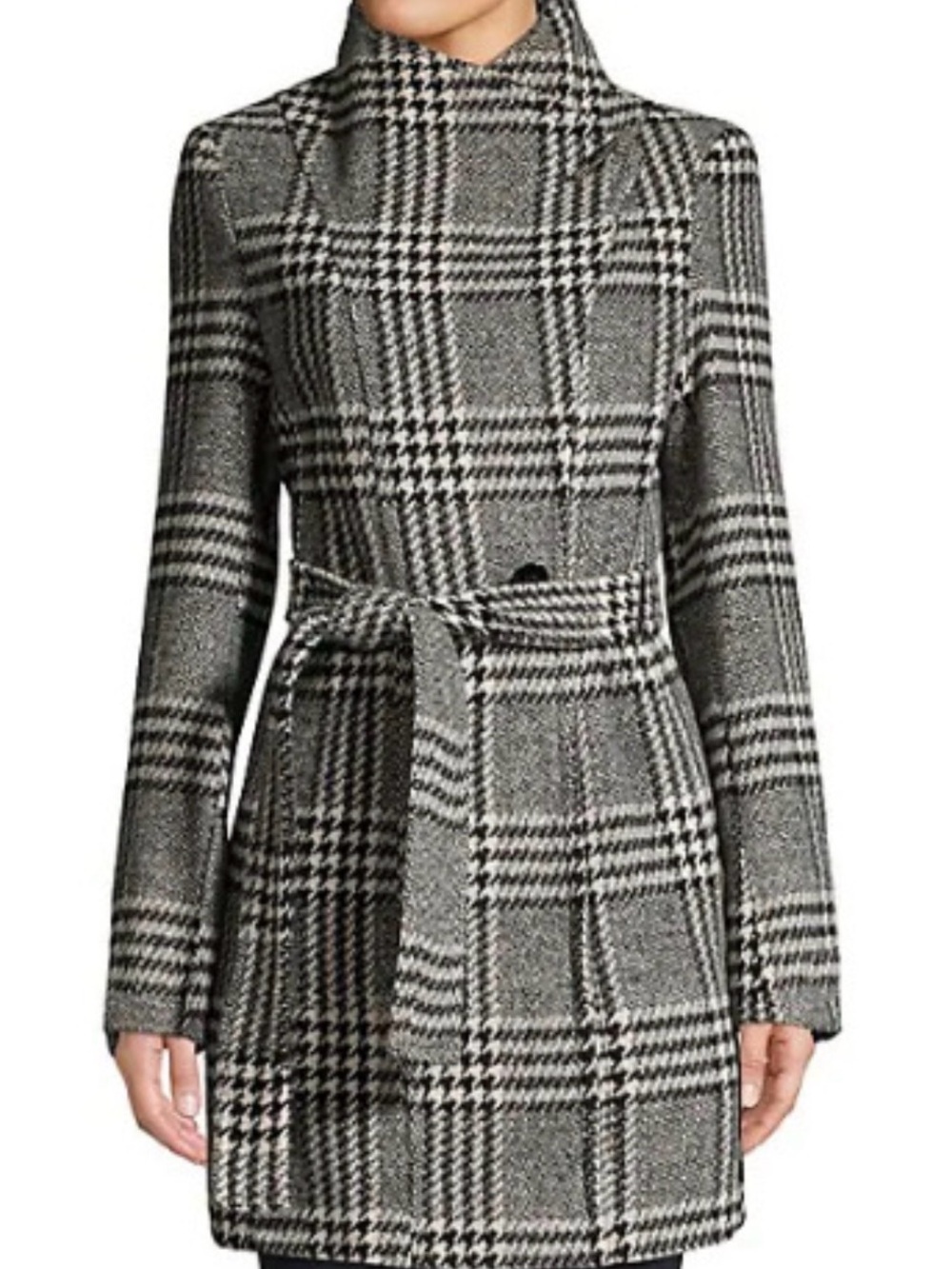 Calvin Klein Wool blend Black & White Plaid Belted Coat - Picture 6 of 6